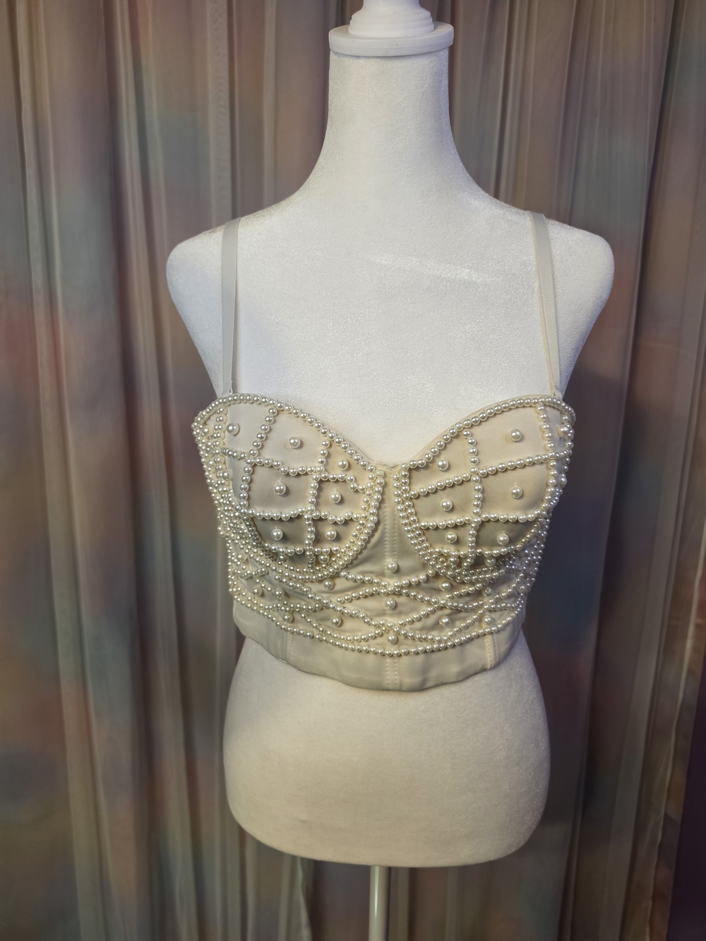 Schein Pearl-Embellished Cream Bustier Halter Corset Camisole Top Size Medium